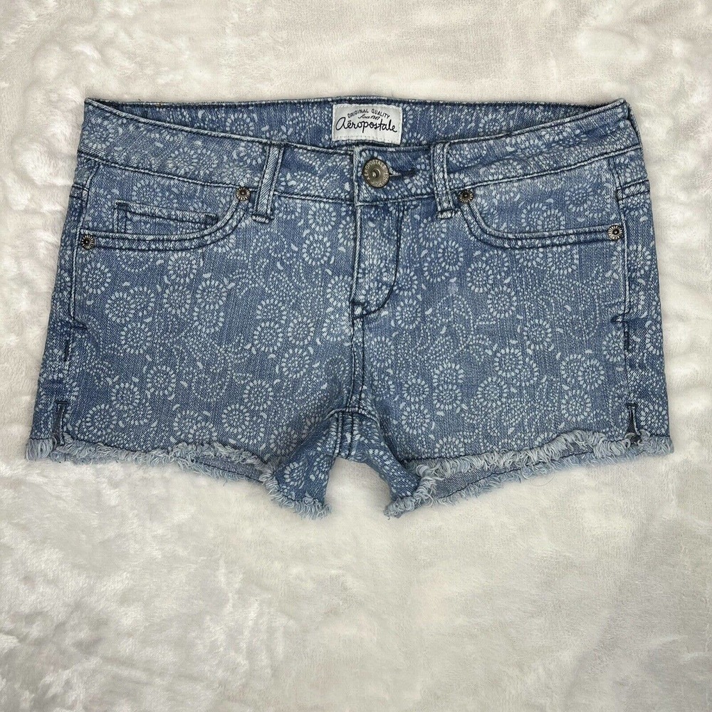 Aeropostale Blue & White Floral Low-Rise Stretch Denim Cutoff Jean Shorts Sz 0 - Picture 1 of 10